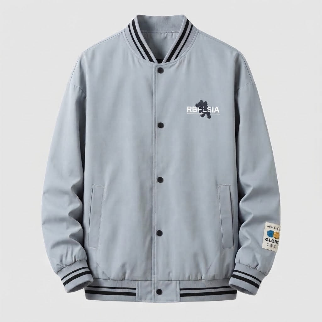 Men's Lightweight College Bomber Jacket with Striped Ribbed Cuffs and Snap Placket EVA-US