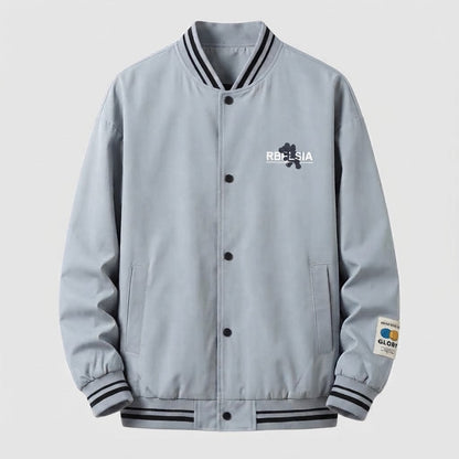 Men's Lightweight College Bomber Jacket with Striped Ribbed Cuffs and Snap Placket EVA-US