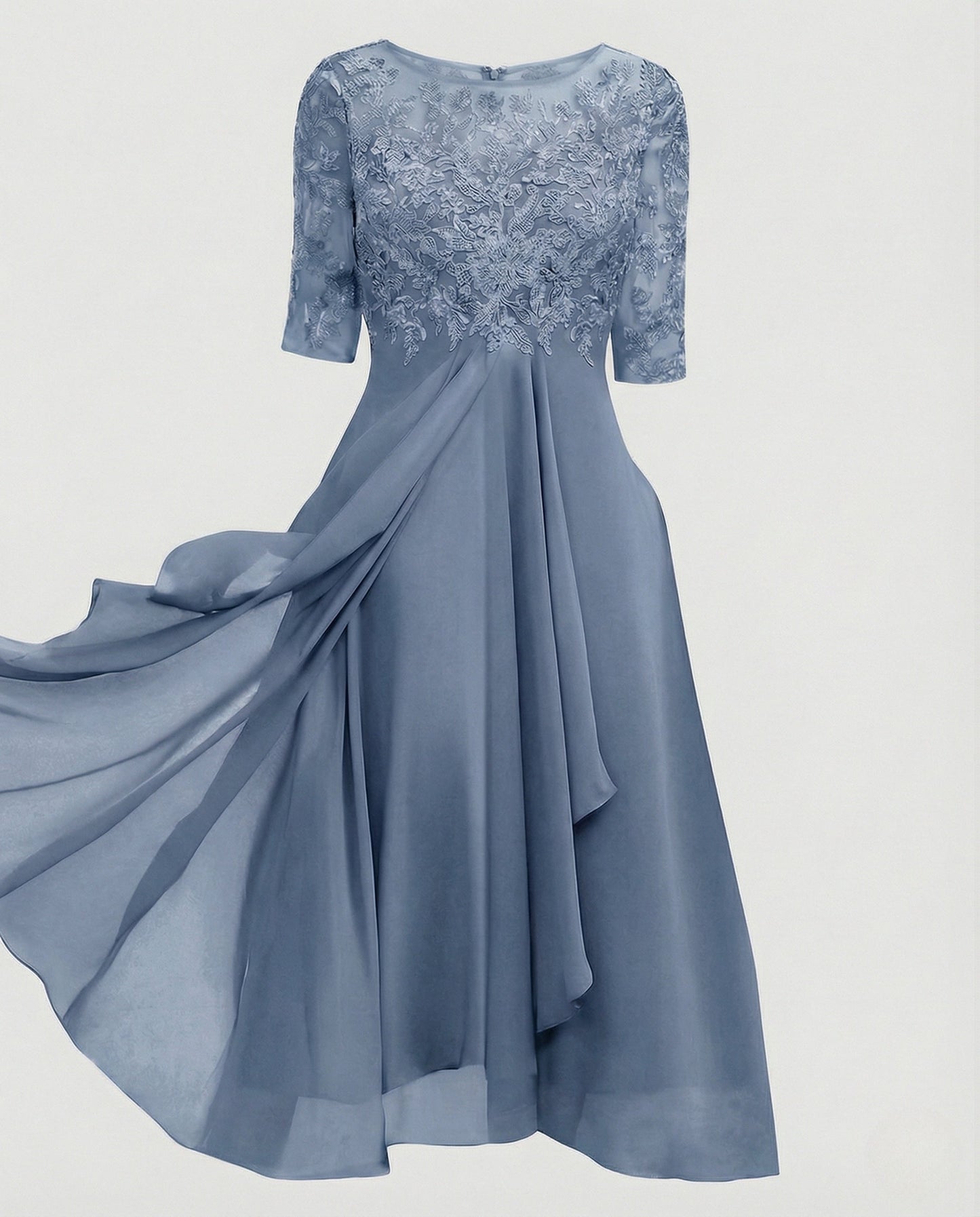 Elegant Chiffon Evening Dress with Lace - Blue colorway