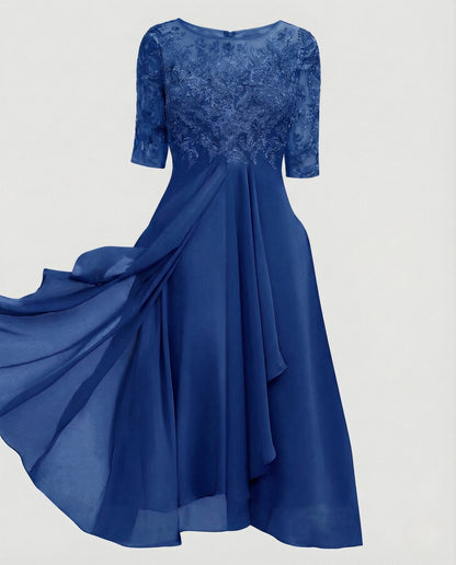 Elegant Chiffon Evening Dress with Lace - Dark Blue colorway