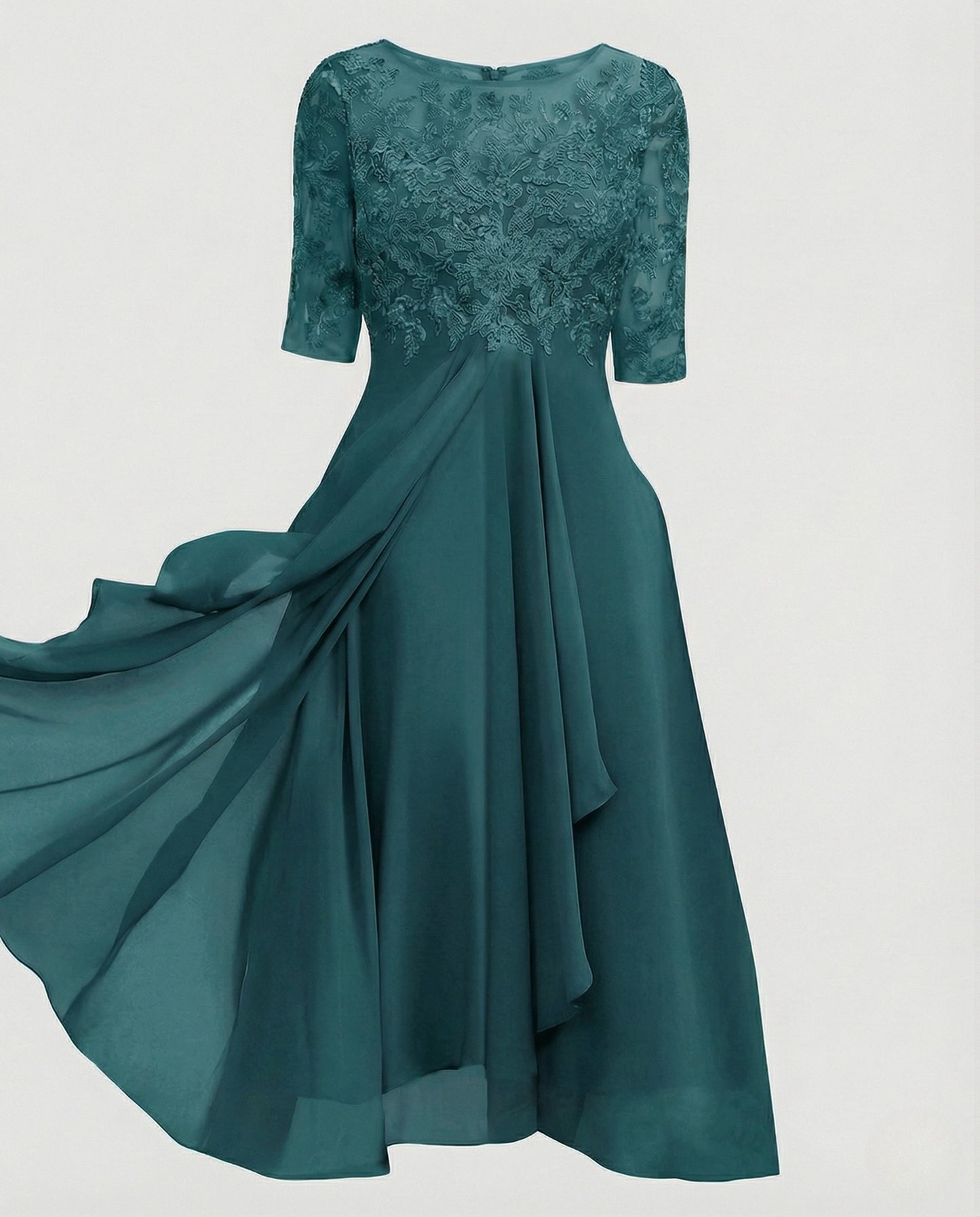 Elegant Chiffon Evening Dress with Lace - Dark Green colorway