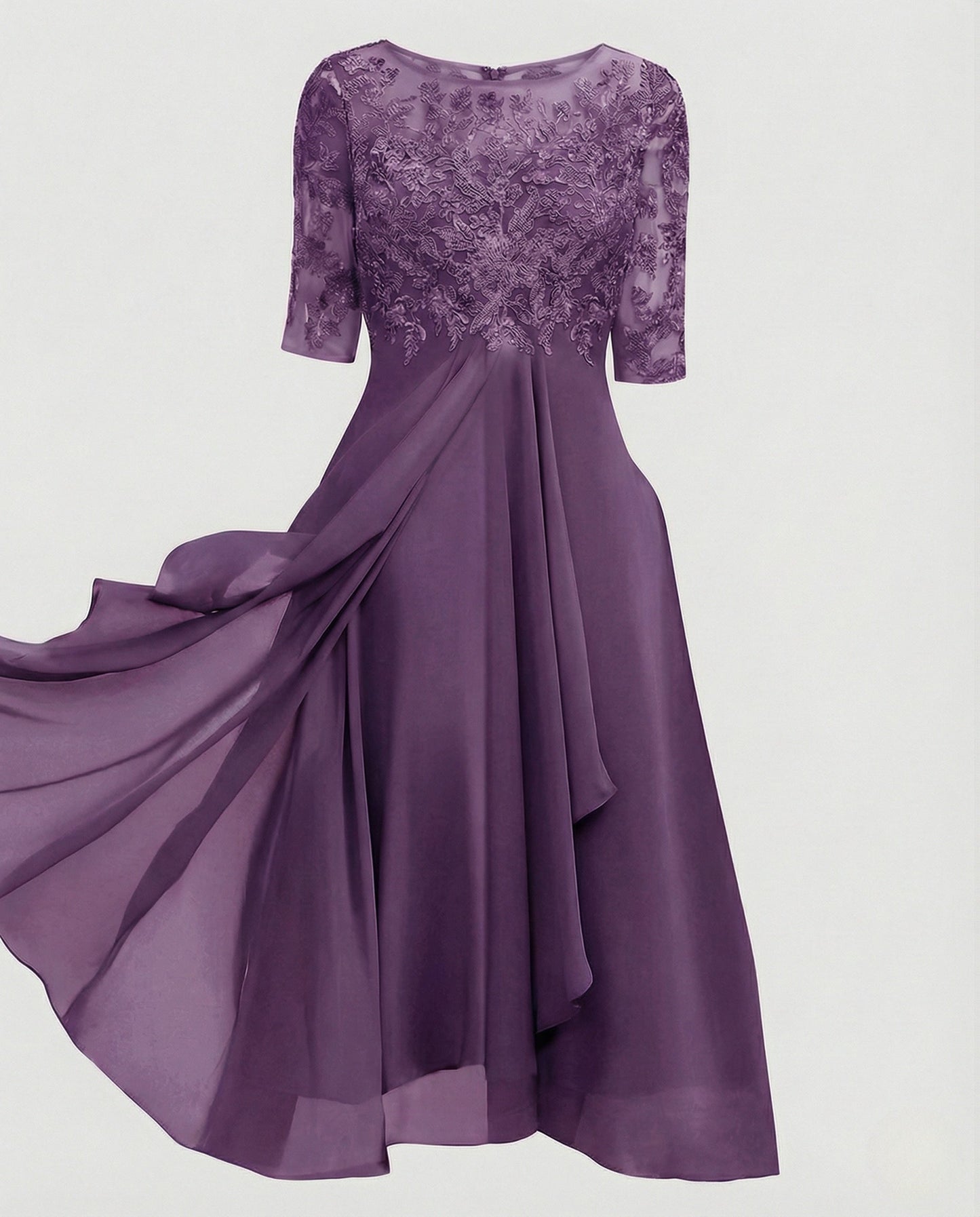 Elegant Chiffon Evening Dress with Lace - Dark Purple colorway