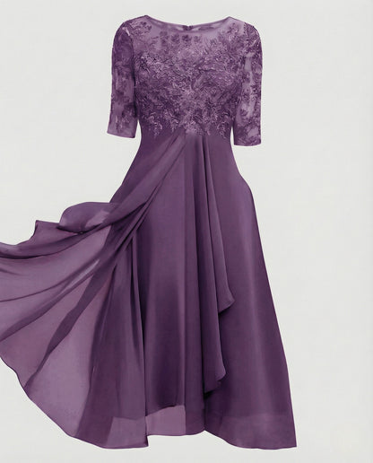 Elegant Chiffon Evening Dress with Lace - Dark Purple colorway