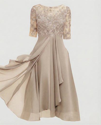 Elegant Chiffon Evening Dress with Lace - Gold colorway