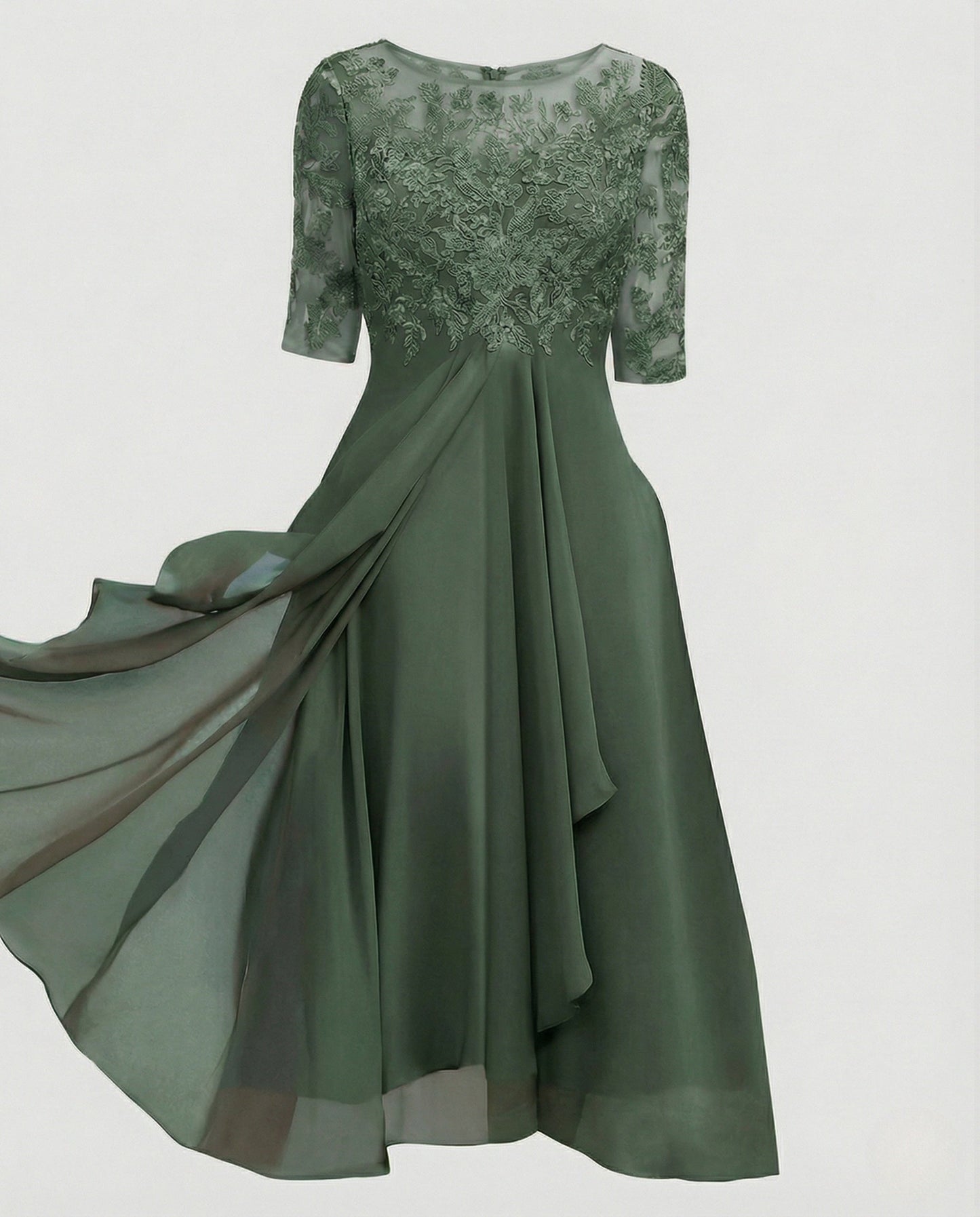 Elegant Chiffon Evening Dress with Lace - Green colorway