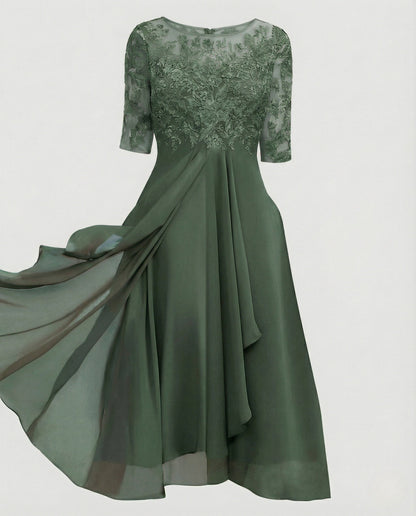 Elegant Chiffon Evening Dress with Lace - Green colorway