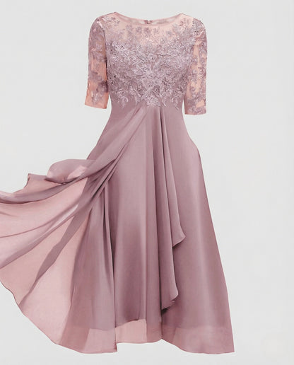 Elegant Chiffon Evening Dress with Lace - Pink colorway