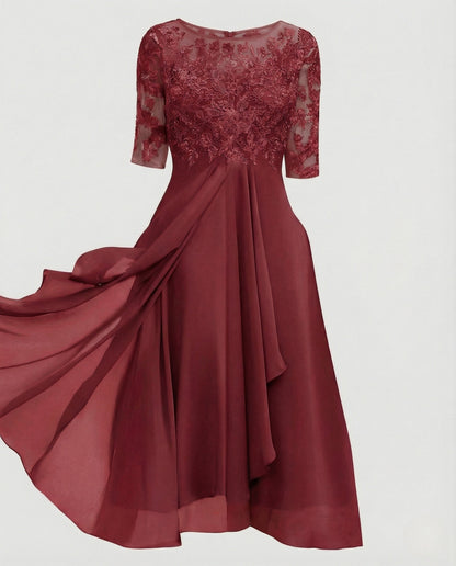Elegant Chiffon Evening Dress with Lace - Wine Red colorway