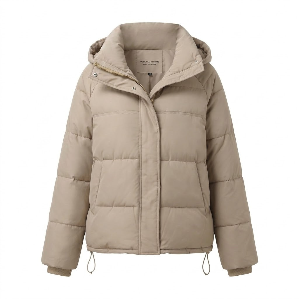 Women's padded oversized quilted jacket with high stand-up collar and adjustable drawstring