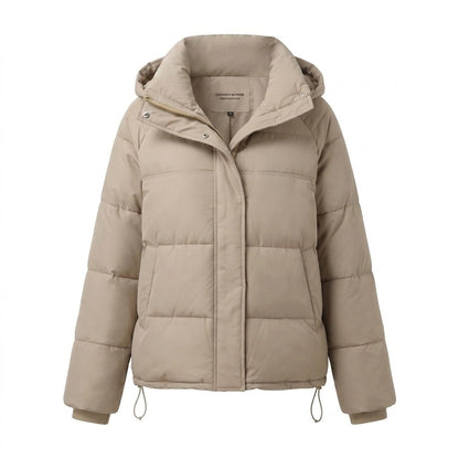 Women's padded oversized quilted jacket with high stand-up collar and adjustable drawstring