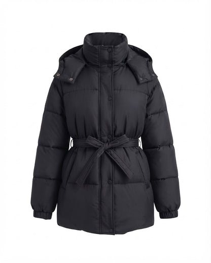 Women's mid-length quilted winter coat with tie belt, high stand-up collar and snap button placket