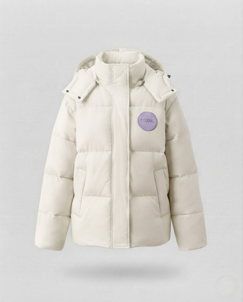 Women's oversized short quilted jacket with high stand-up collar and decorative patch application