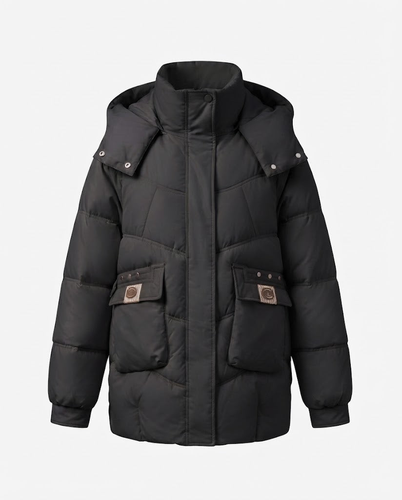 Women's mid-length padded parka with high stand-up collar flap, stowable hood, and large cargo pockets