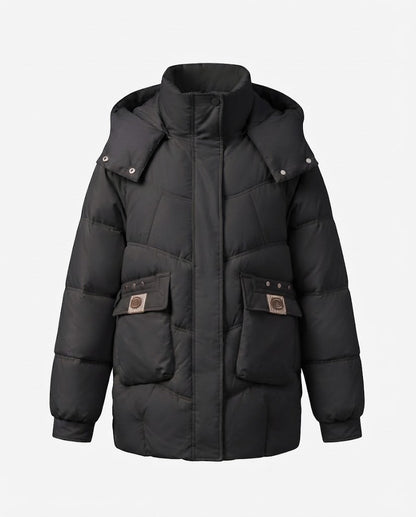 Women's mid-length padded parka with high stand-up collar flap, stowable hood, and large cargo pockets