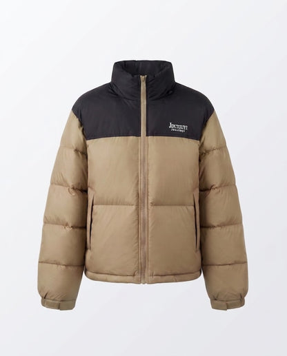 Women's short padded puffer jacket with high collar and contrasting shoulder yoke