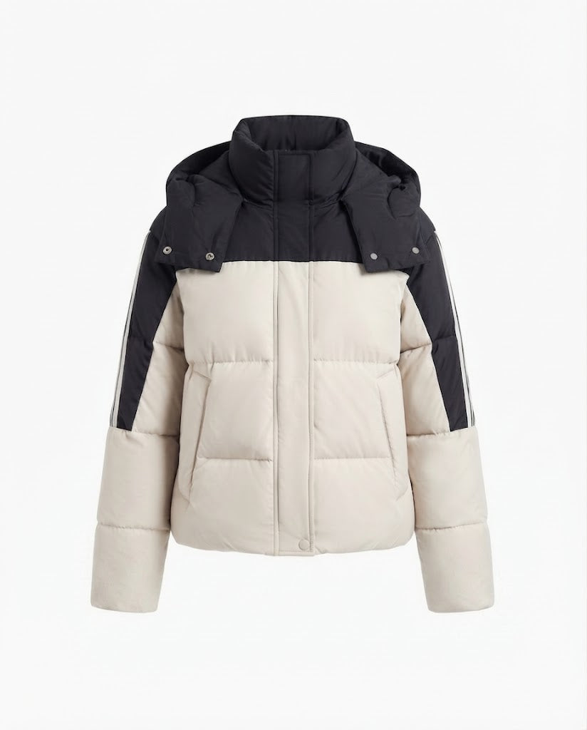 Women's short two-tone quilted short coat with removable collar trim and sporty sleeve stripes