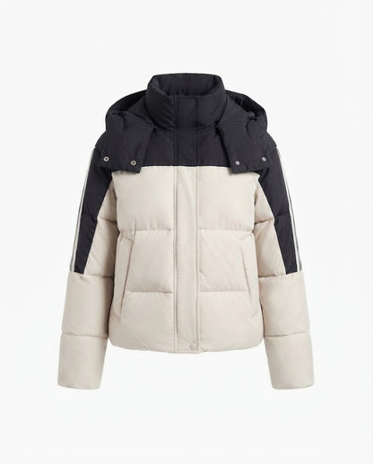 Women's short two-tone quilted short coat with removable collar trim and sporty sleeve stripes