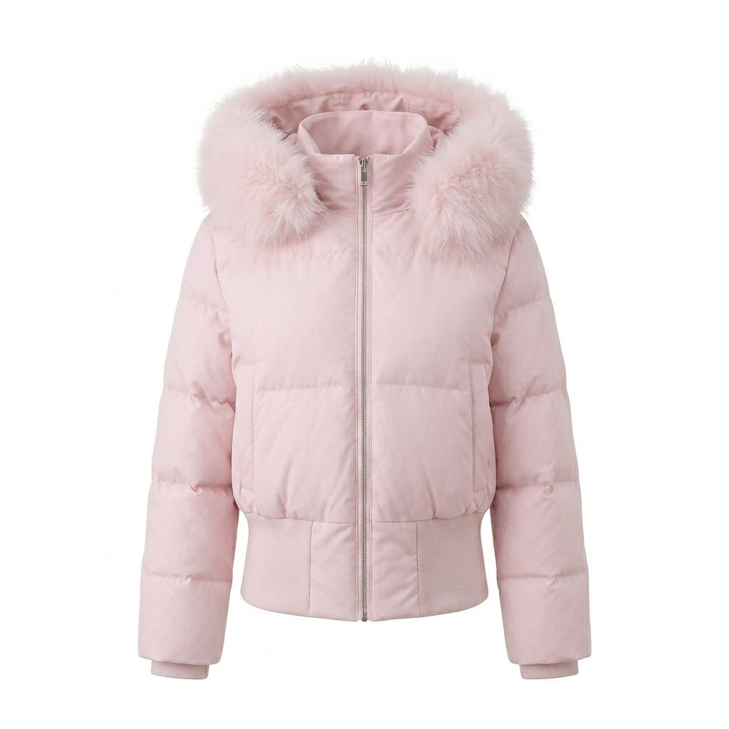 Ladies nano short padded hooded puffer with voluminous faux fur trim, ribbed cuffs, and warming thermal filling