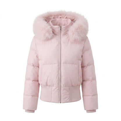 Ladies nano short padded hooded puffer with voluminous faux fur trim, ribbed cuffs, and warming thermal filling