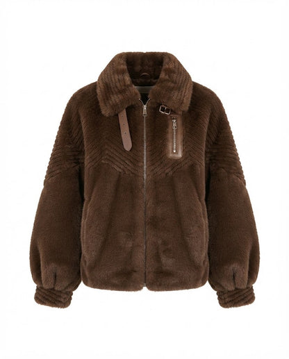 Women's cozy faux fur jacket with stand-up collar, zippered pocket and feminine balloon sleeve silhouette