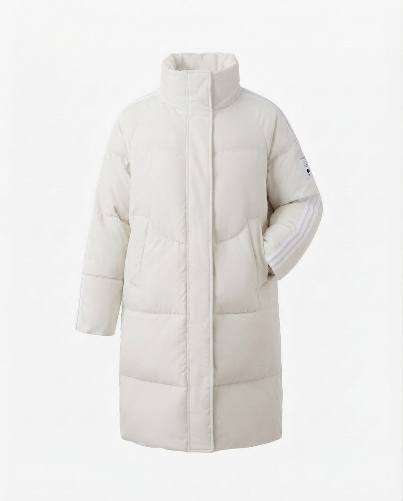 Women's longer sporty quilted coat with contrasting striped sleeves and high stand-up collar