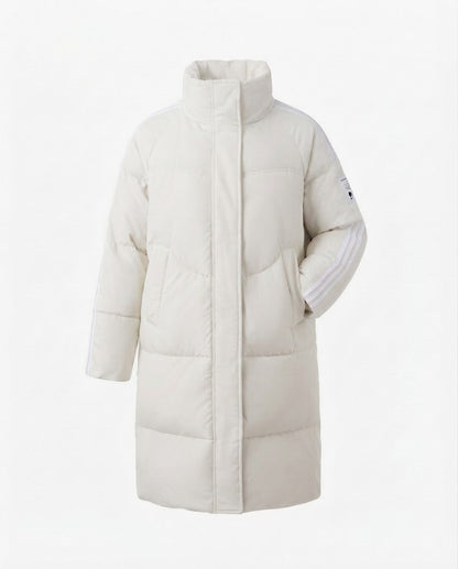 Women's longer sporty quilted coat with contrasting striped sleeves and high stand-up collar