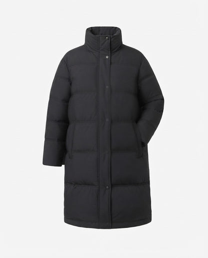 Ladies long-cut quilted thermal coat with hood, two-way zipper and side zip vents