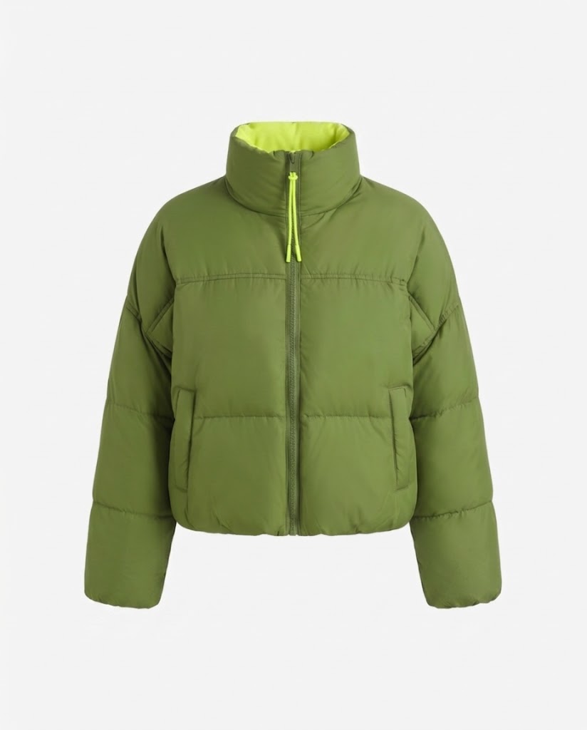 Women's short padded boxy puffer with two-layer stand collar and concealed zipper placket