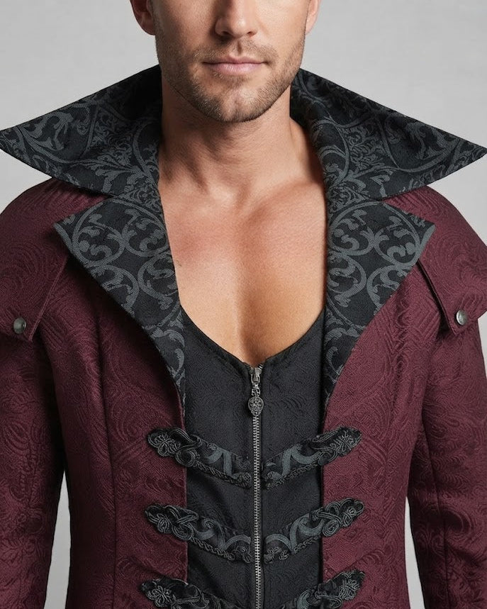 Men's elegant Gothic coat with ornate embellishments and high collar EVA-US