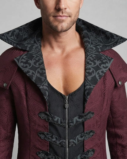 Men's elegant Gothic coat with ornate embellishments and high collar EVA-US