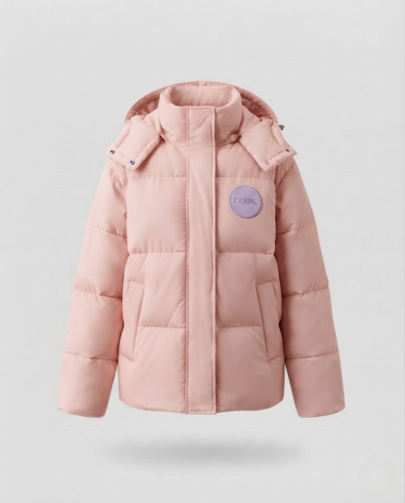 Women's oversized short quilted jacket with high stand-up collar and decorative patch application