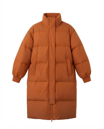 Women's longer noise-reducing thermo quilted coat with ergonomic stand collar and shoulder flaps detail