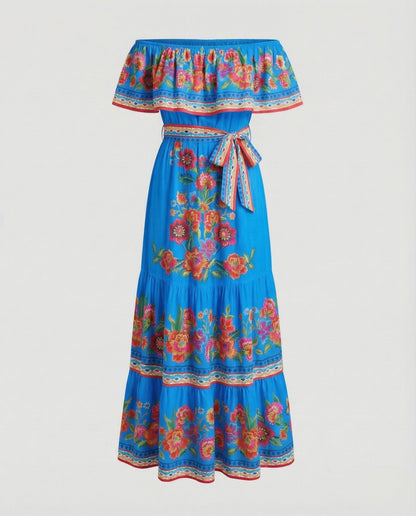 Folklore Carmen-Volant Mixed Fabric Maxi Dress - Blue colorway
