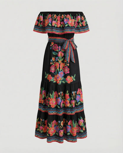 Folklore Carmen-Volant Mixed Fabric Maxi Dress - Dark Red colorway