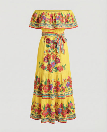 Folklore Carmen-Volant Mixed Fabric Maxi Dress - Gold colorway