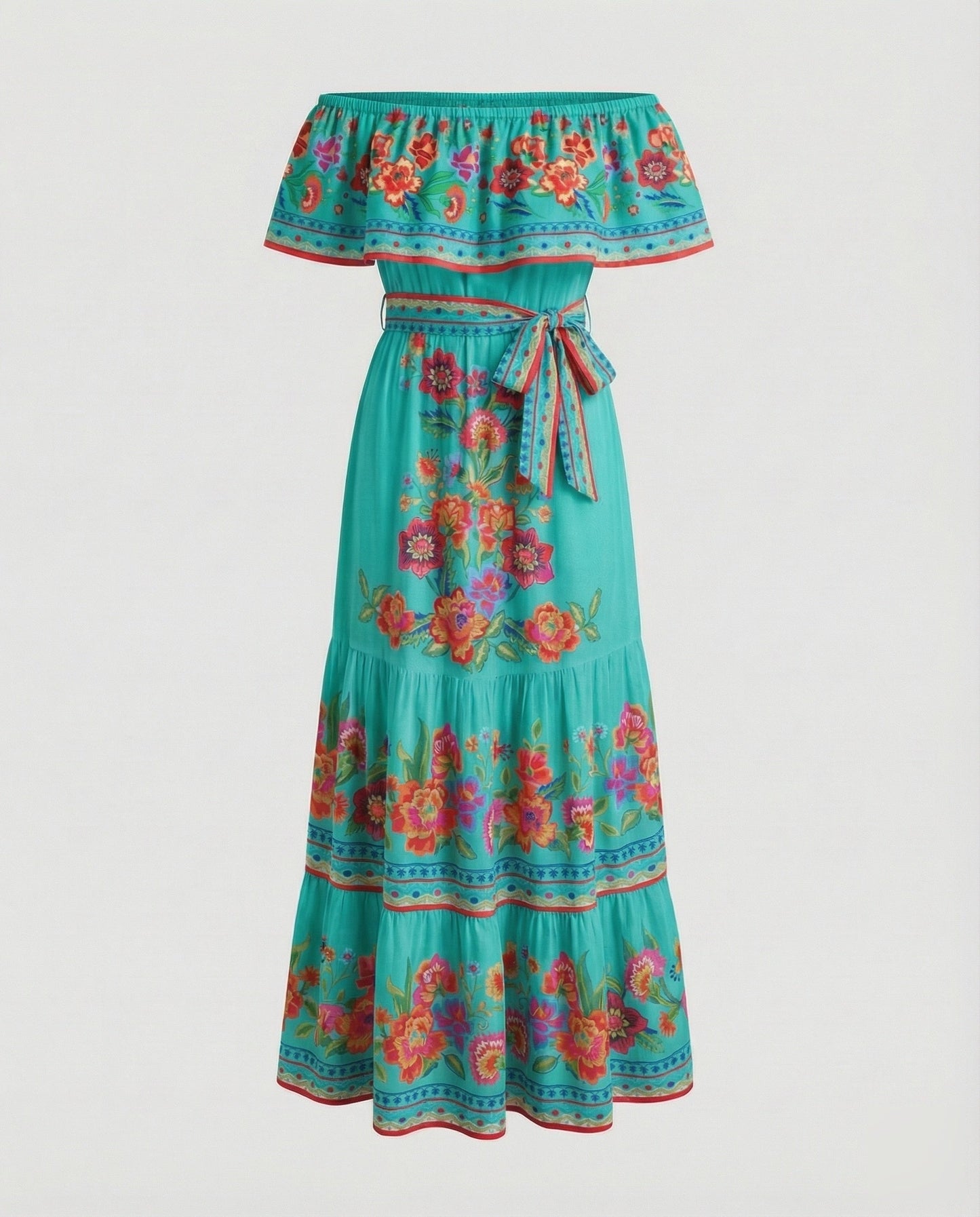 Folklore Carmen-Volant Mixed Fabric Maxi Dress - Green colorway