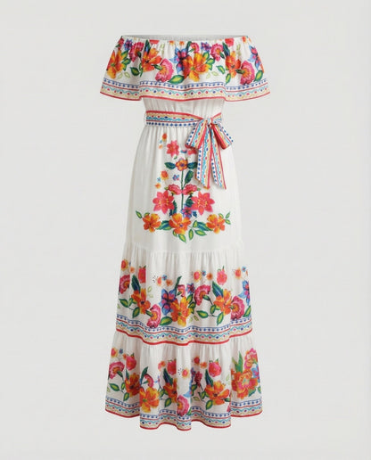 Folklore Carmen-Volant Mixed Fabric Maxi Dress - Multicolor colorway