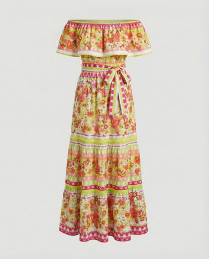 Folklore Carmen-Volant Mixed Fabric Maxi Dress - Orange colorway