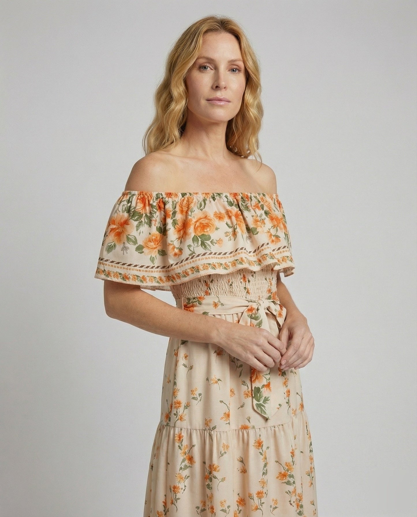 Folklore Carmen-Volant Mixed Fabric Maxi Dress - upper body detail