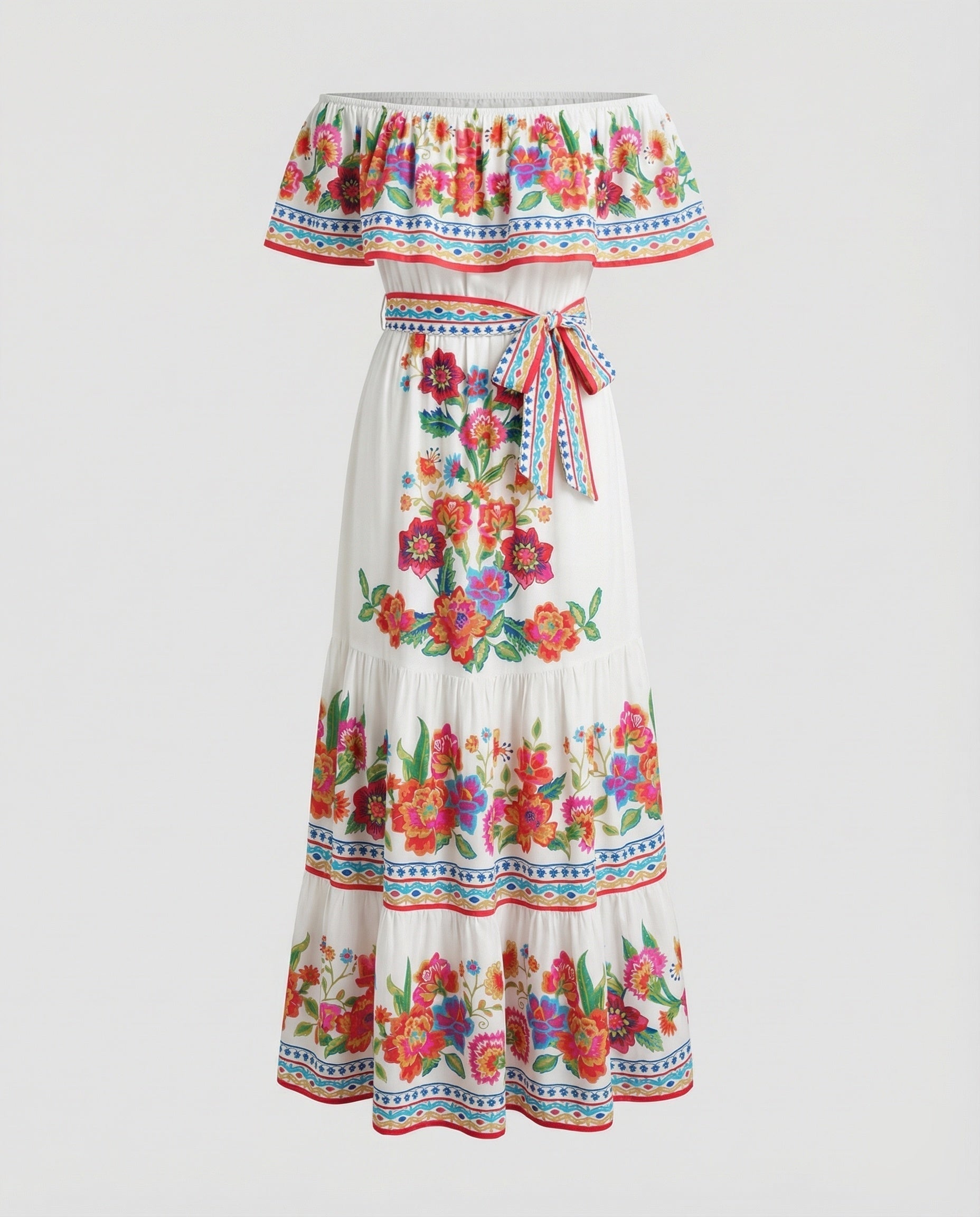 Folklore Carmen-Volant Mixed Fabric Maxi Dress - Red colorway