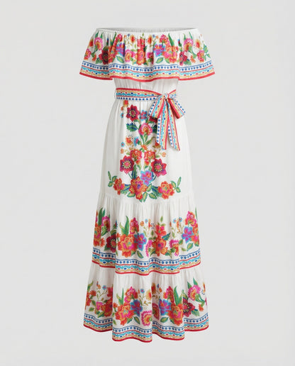 Folklore Carmen-Volant Mixed Fabric Maxi Dress - Red colorway