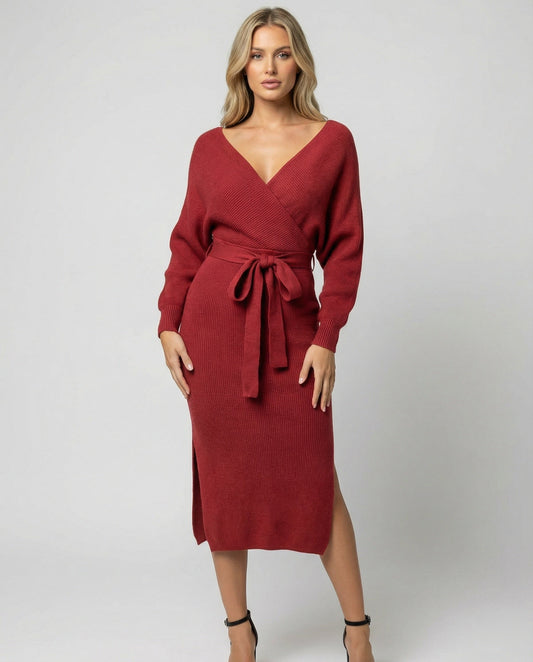 Ladies knit dress with elegant wrap design and decorative belt