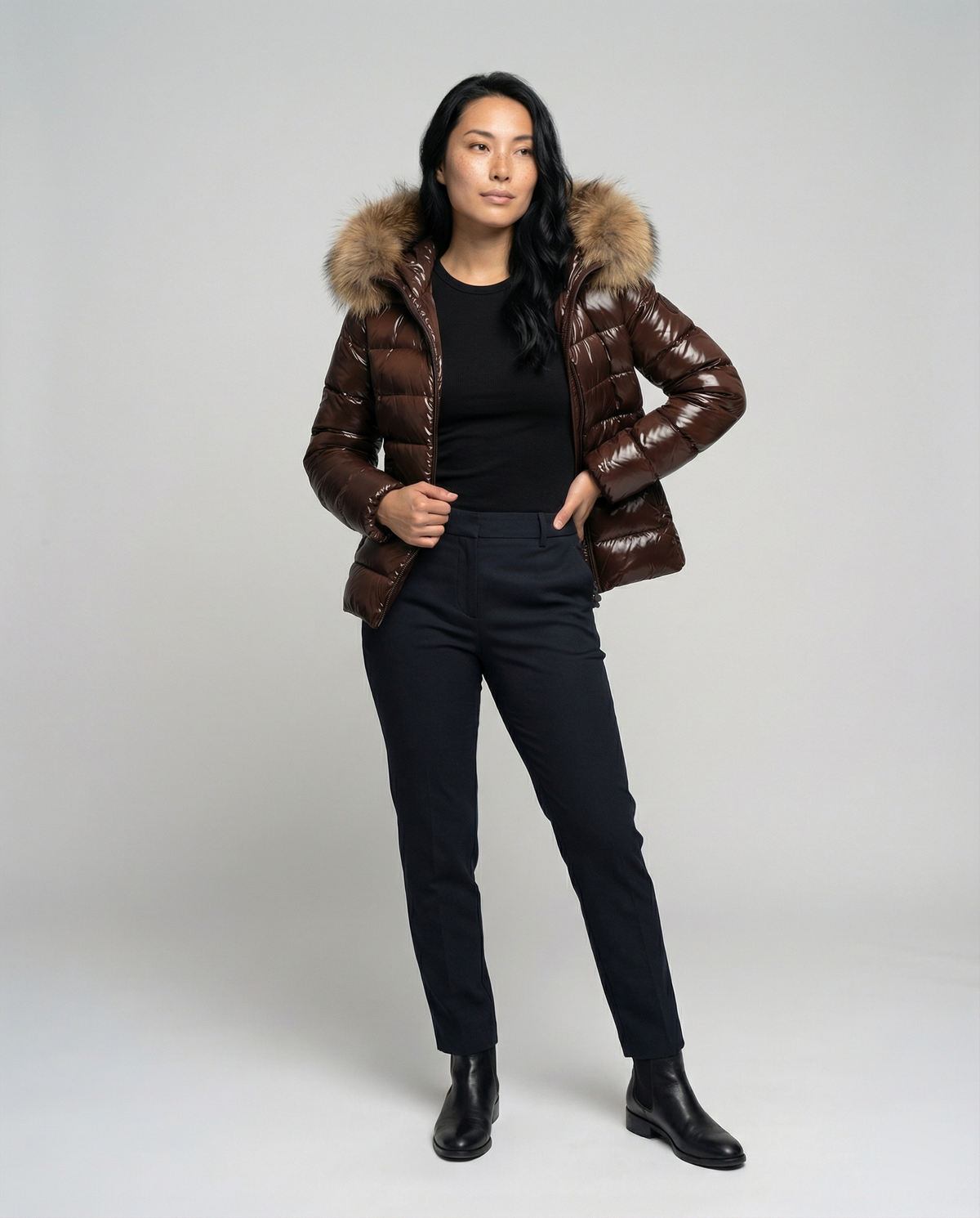 Women's winter down jacket with removable hood and luxurious fur collar