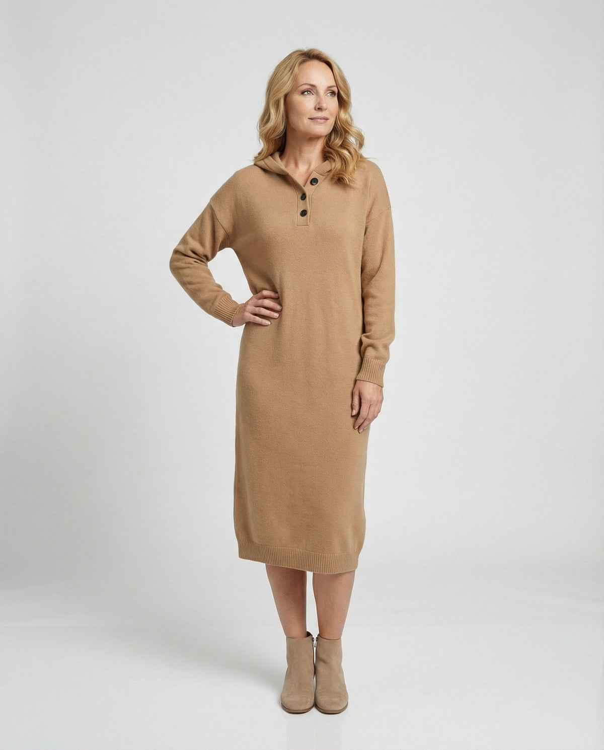 Women's hoodie dress made of soft knit material with button placket and hood