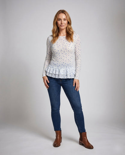 Ladies blouse with fresh floral print and playful ruffled hem - Chichicherry