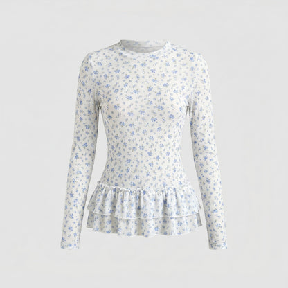Ladies blouse with fresh floral print and playful ruffled hem - Chichicherry
