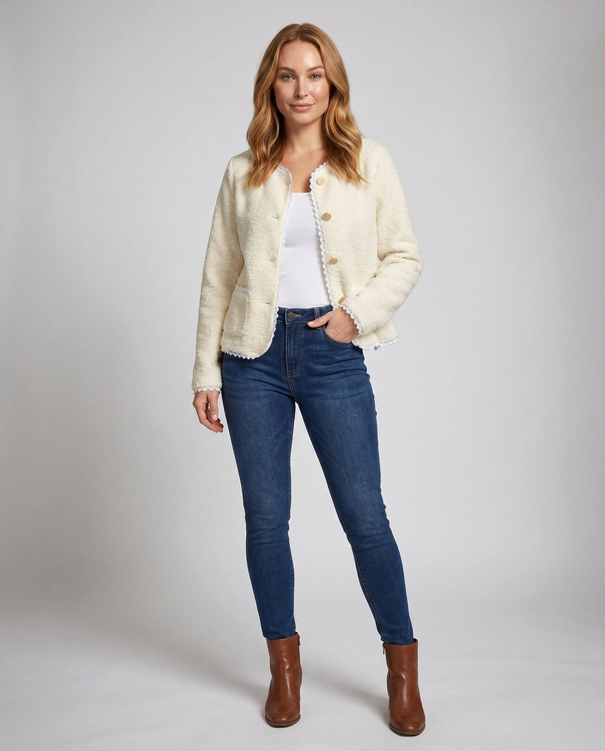 Ladies cardigan with elegant lace accents and practical pockets - Chichicherry
