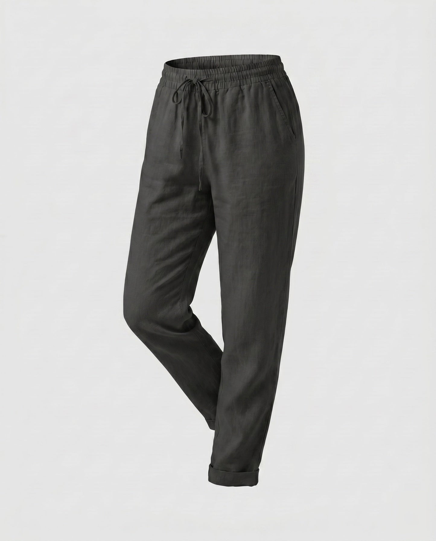 Ladies Casual Linen Trousers with Elastic Waistband and Drawstring - Black colorway