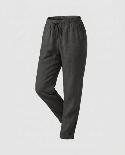 Ladies Casual Linen Trousers with Elastic Waistband and Drawstring - Black colorway