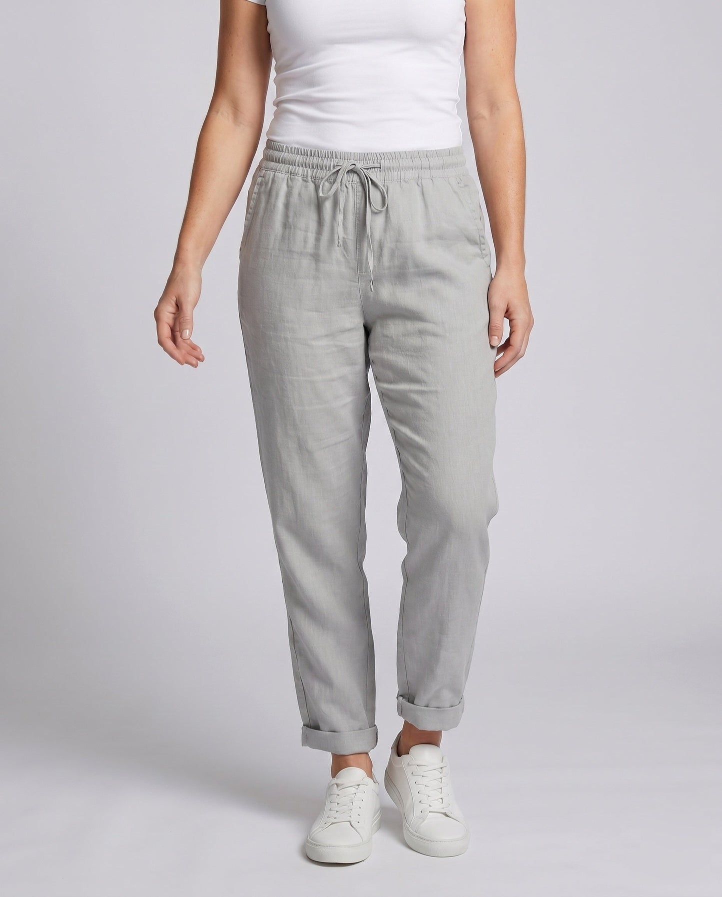 Ladies Casual Linen Trousers with Elastic Waistband and Drawstring - lower body detail